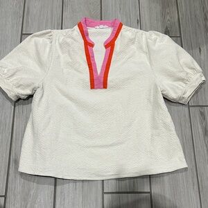 THML White Textured Short-Sleeve Blouse with Pink & Red Trim